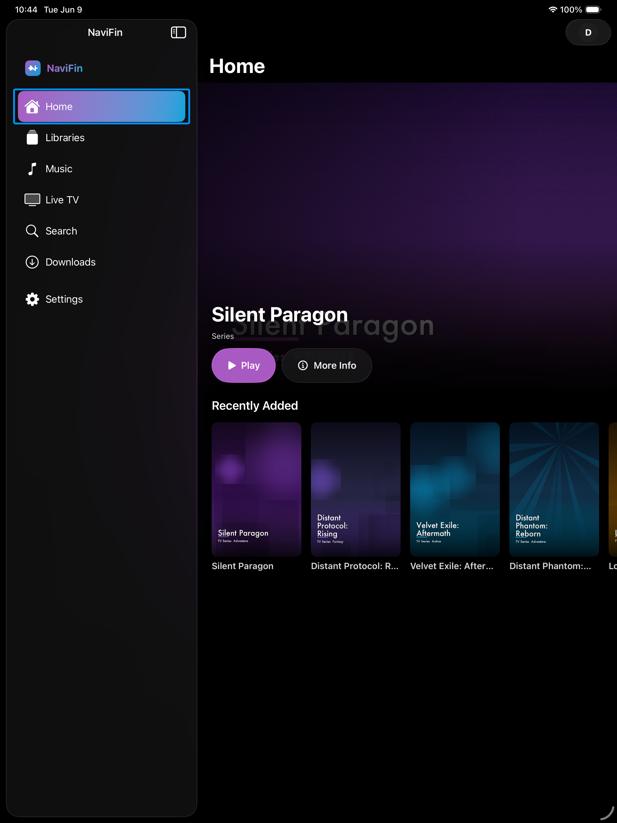 NaviFin home on iPad Pro with adaptive layout and library shelves.