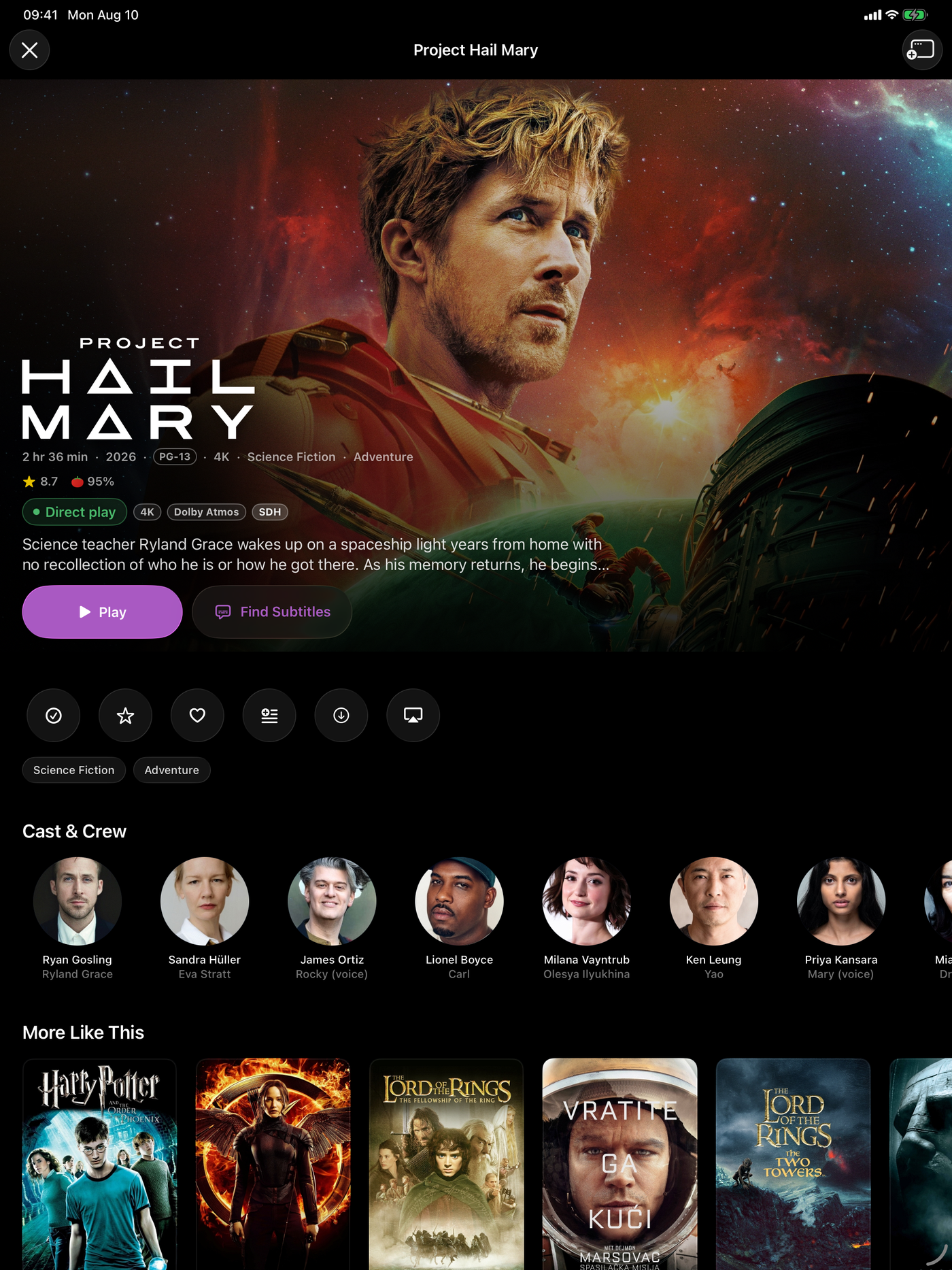 NaviFin iPad cinematic detail page with cast and More Like This