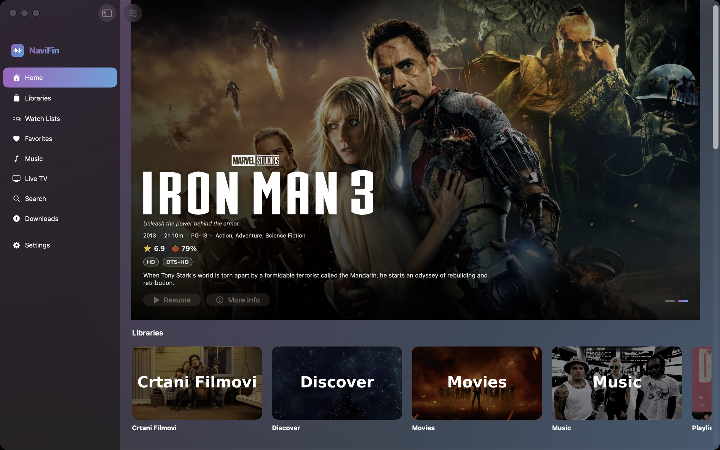 NaviFin on Mac: single-window app with glass sidebar and library home.
