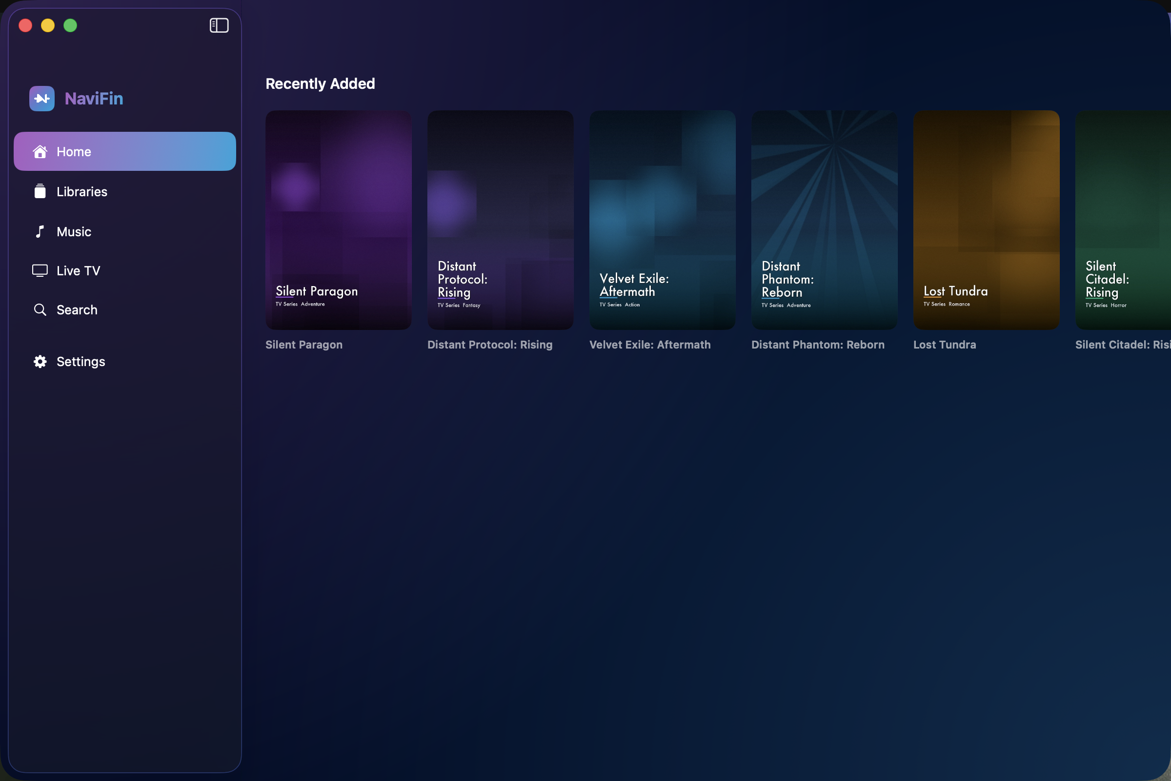 NaviFin on Mac: single-window app with glass sidebar and library home.