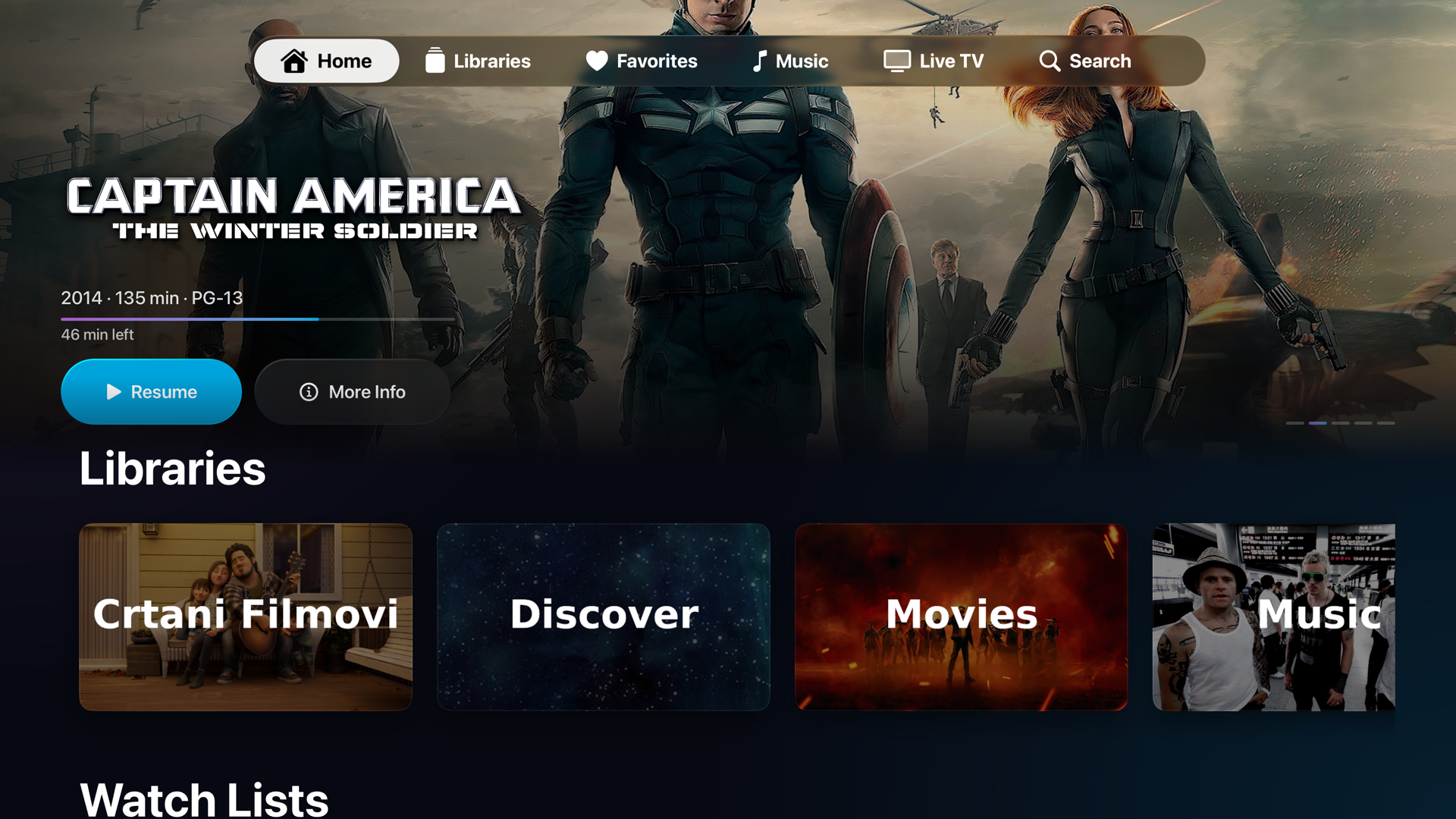 NaviFin on Apple TV 4K: cinematic home screen with Continue Watching and library shelves.