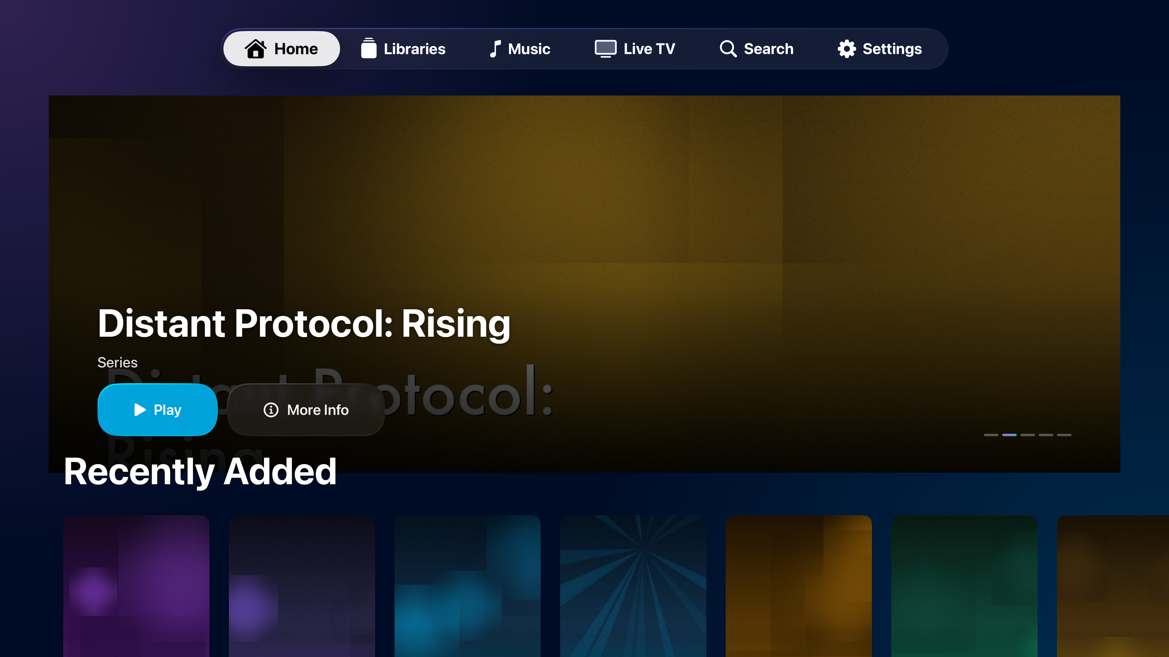 NaviFin on Apple TV 4K: cinematic home screen with Continue Watching and library shelves.