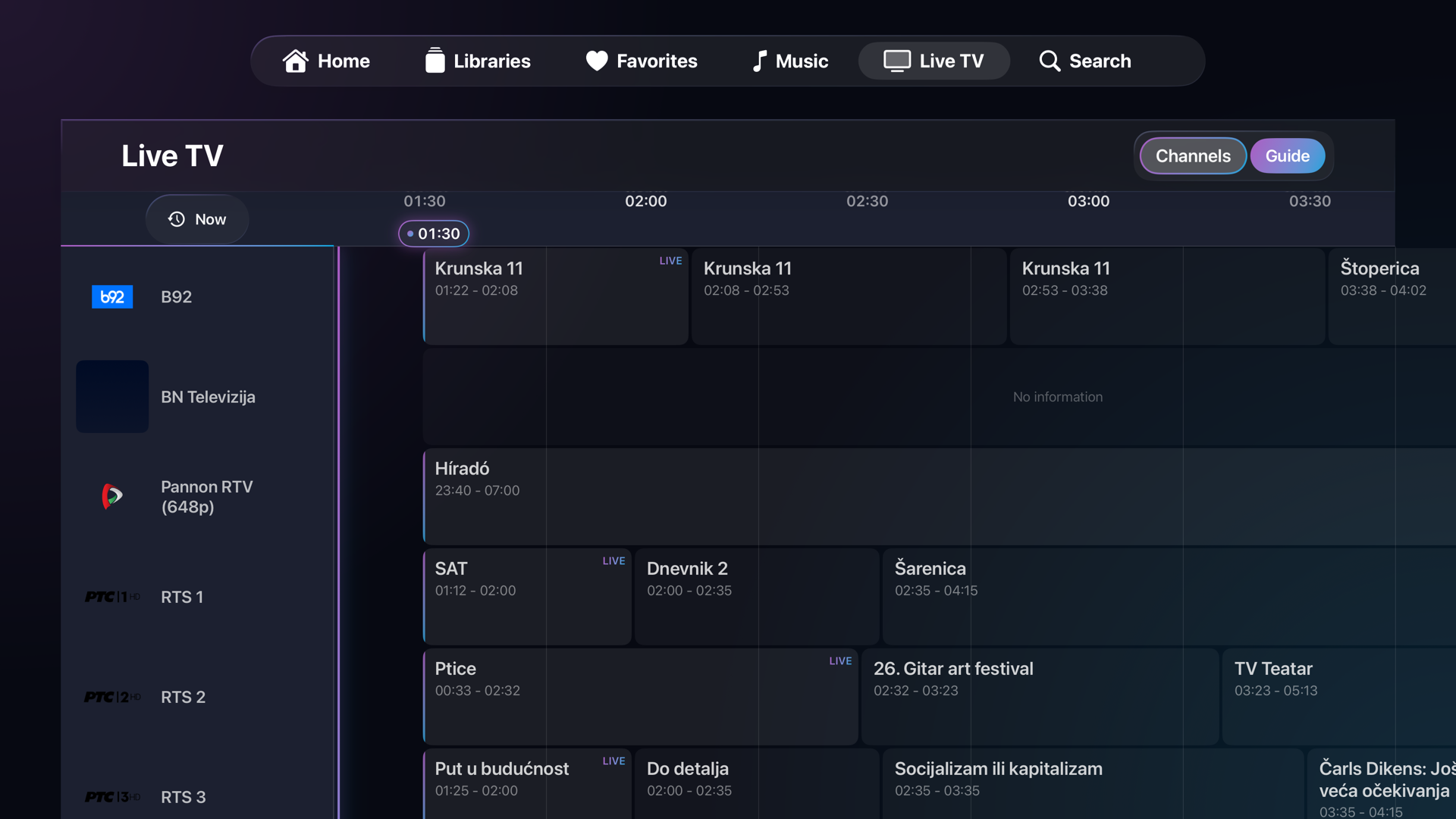NaviFin Live TV on Apple TV with an EPG guide and channel list.