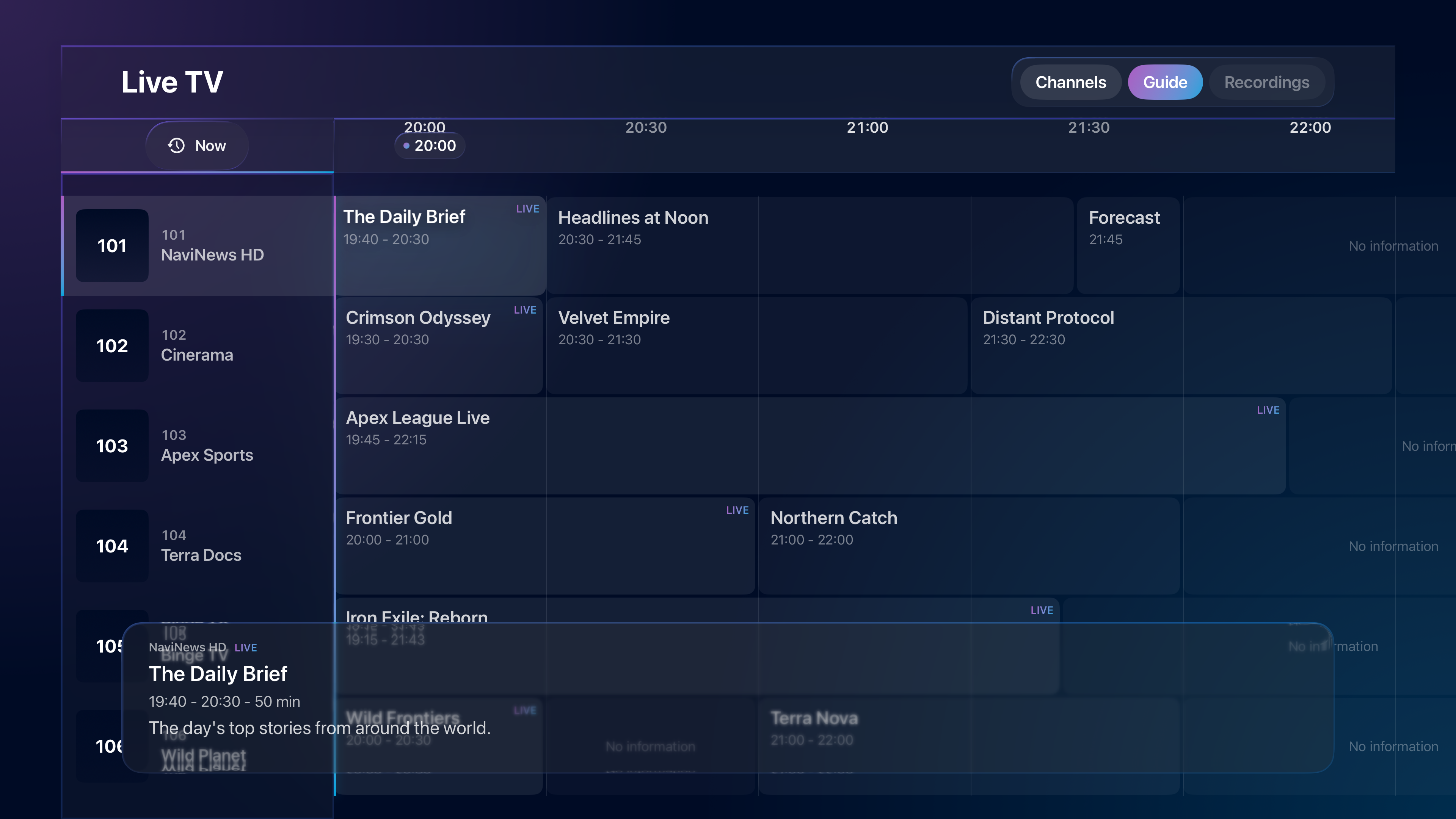 NaviFin Live TV on Apple TV with an EPG guide and channel list.