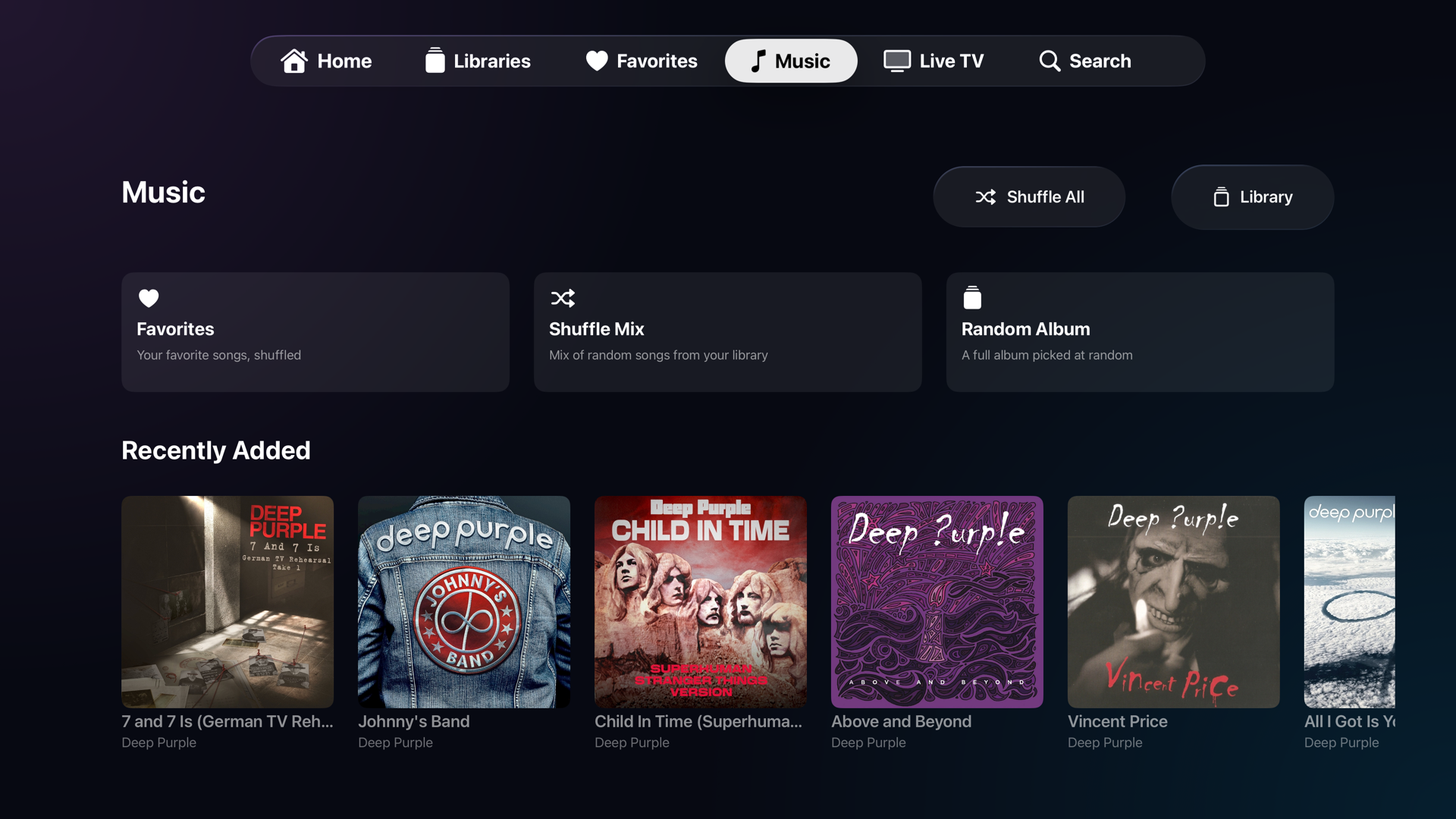 NaviFin Music on Apple TV with album art and Now Playing.