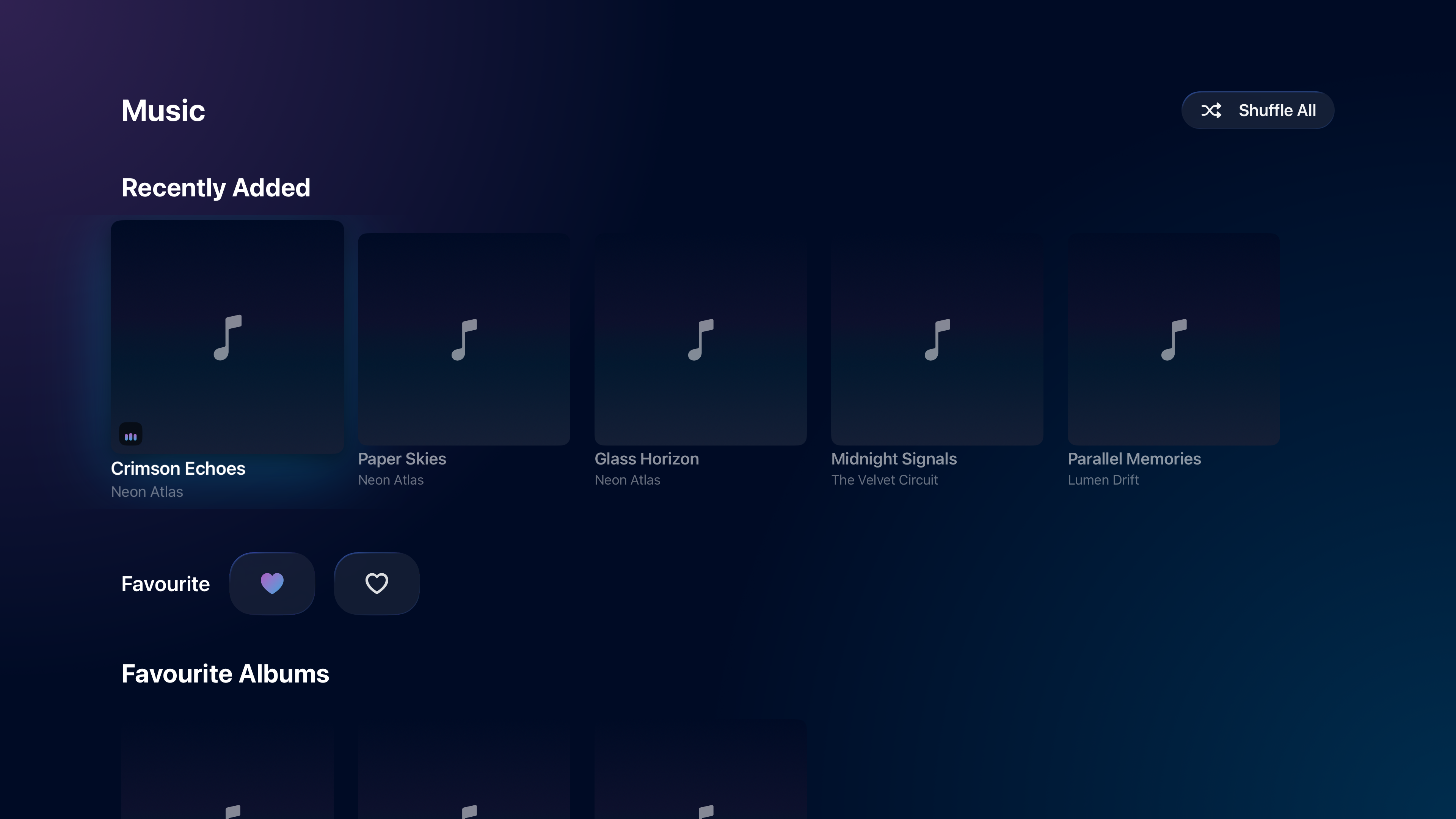 NaviFin Music on Apple TV with album art and Now Playing.