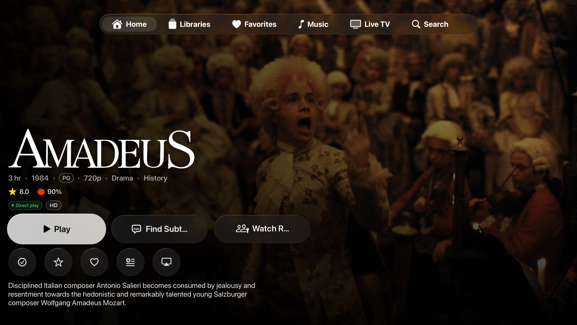NaviFin movie detail page on Apple TV showing backdrop, synopsis, cast, and More Like This.