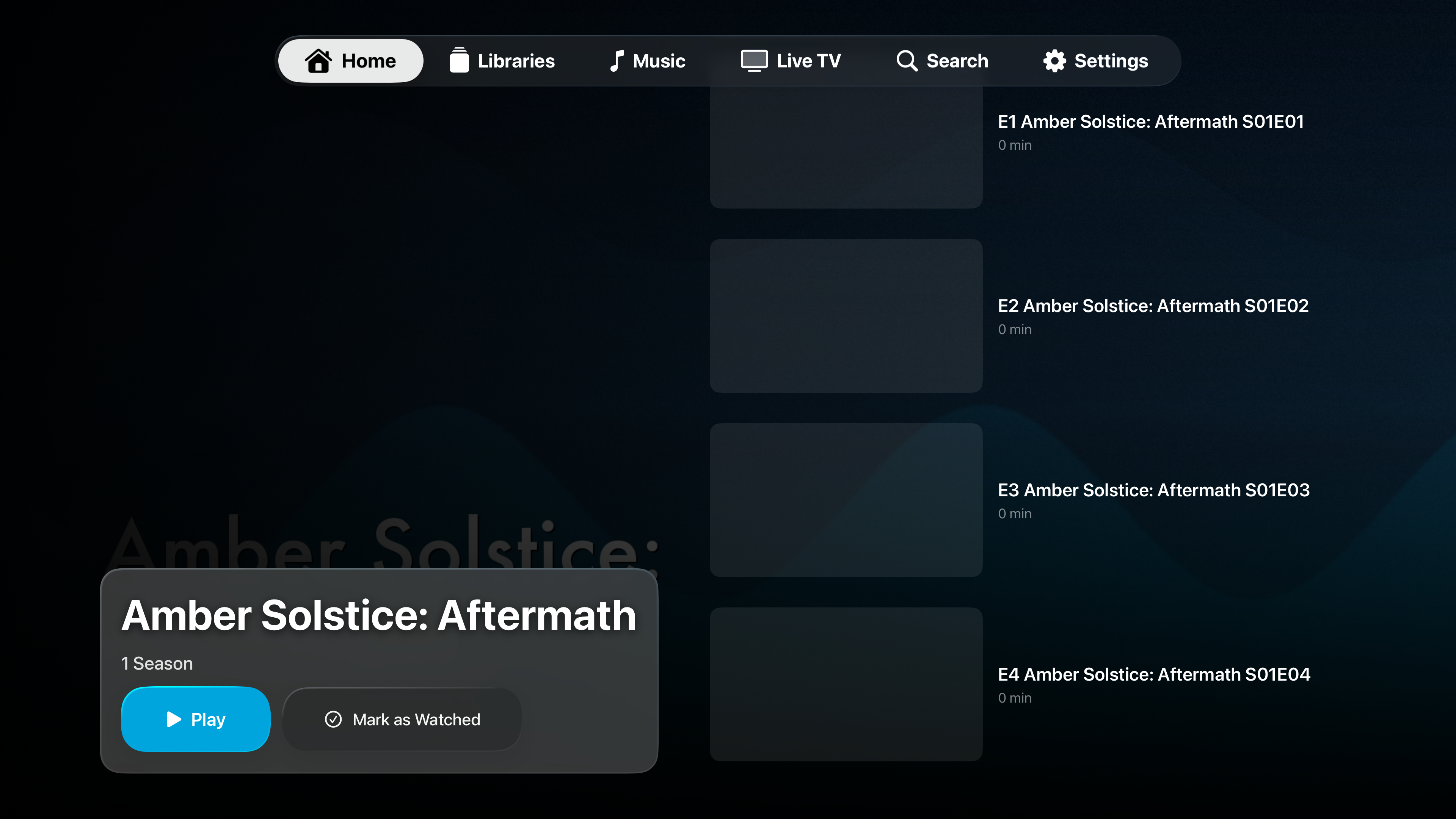 NaviFin movie detail page on Apple TV showing backdrop, synopsis, cast, and More Like This.