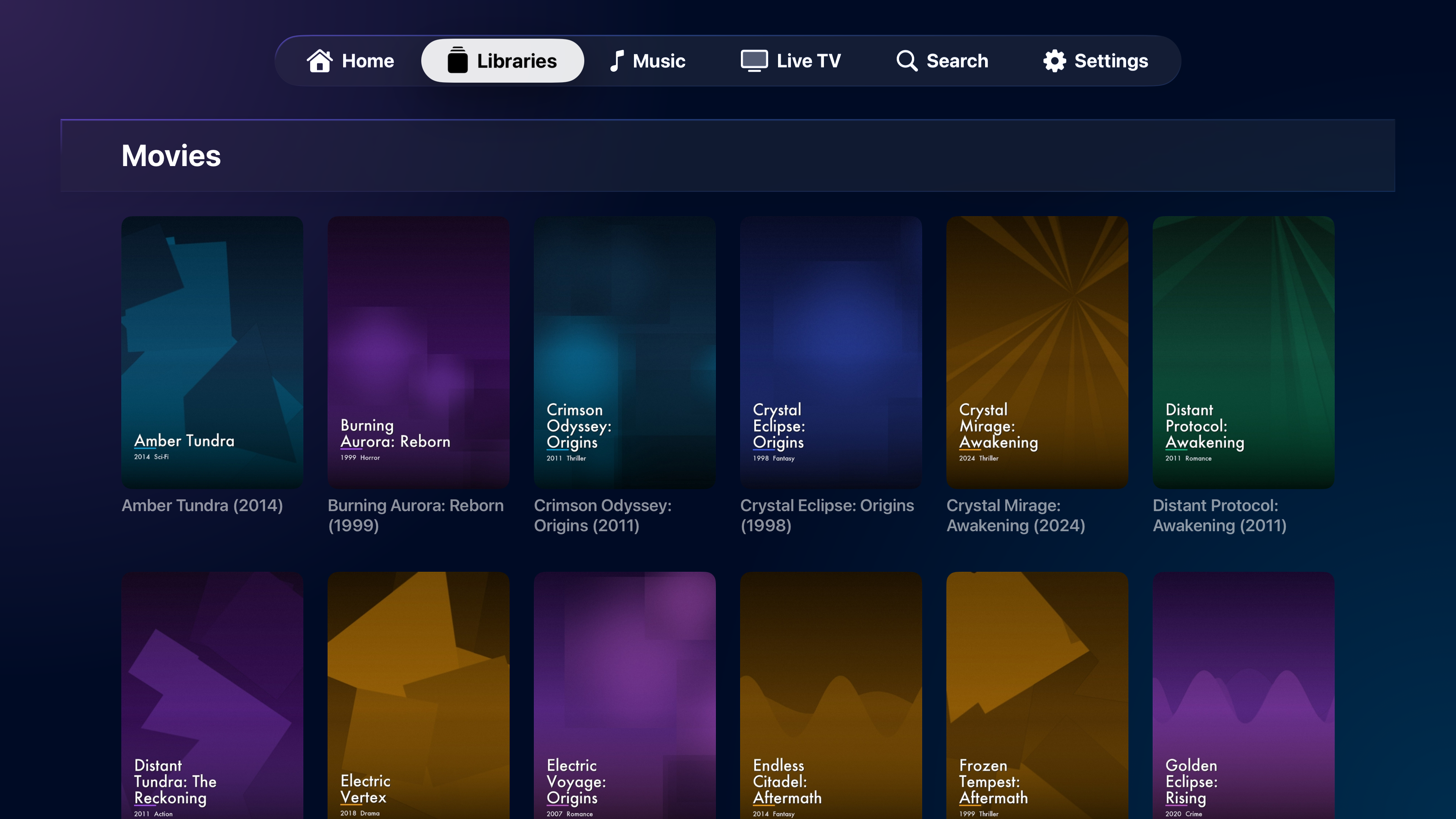 NaviFin library grid on Apple TV showing poster art across the collection.